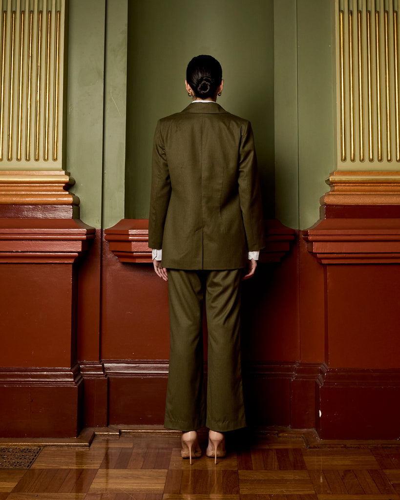 Model wears Dark Olive Blazer
