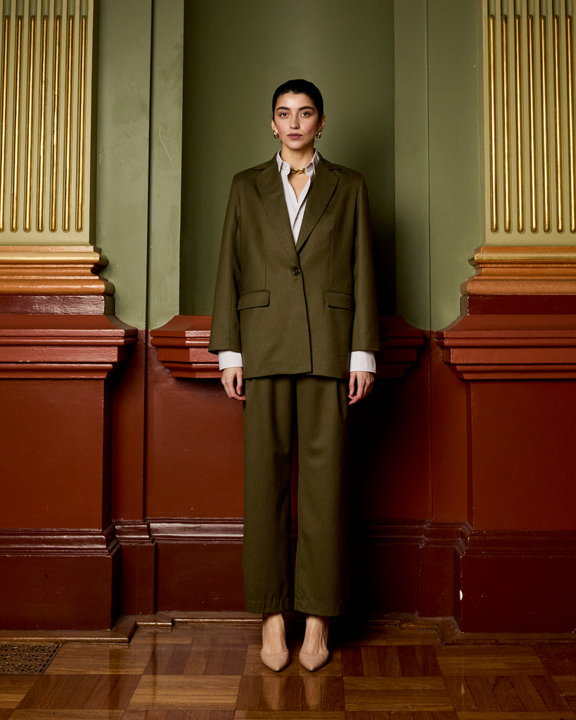 Model wears Dark Olive Blazer