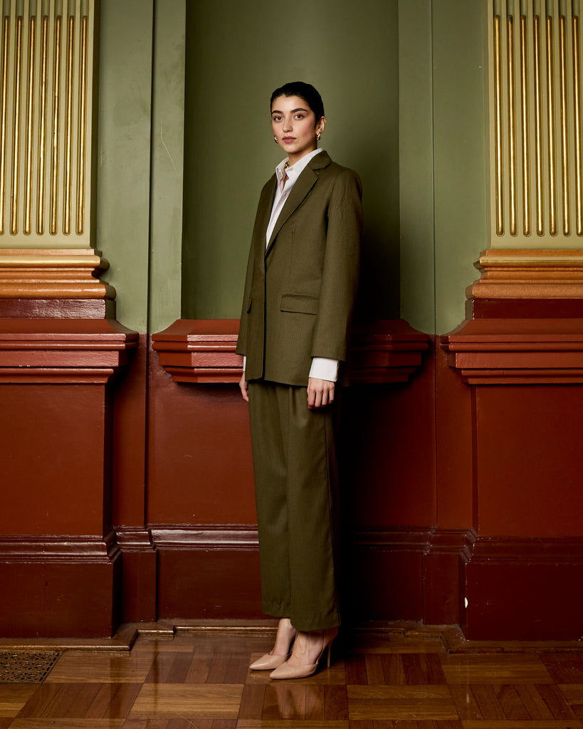 Model wears Dark Olive Blazer