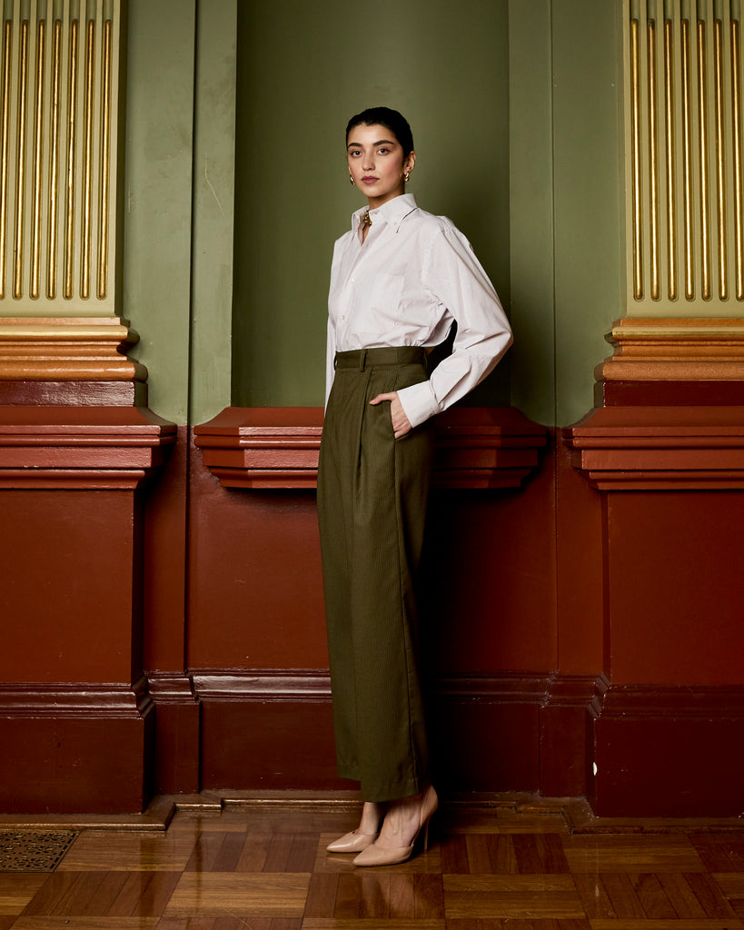 Model wears Dark Olive Pinstripe Pant
