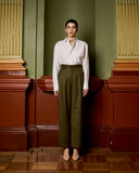 Model wears Dark Olive Pinstripe Pant