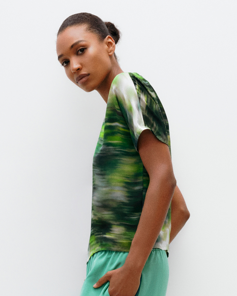 Model wears Dolman top in Sea Kelp