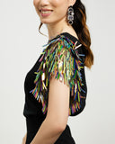 Model wears Ember Spark Sequin Sleeve Top