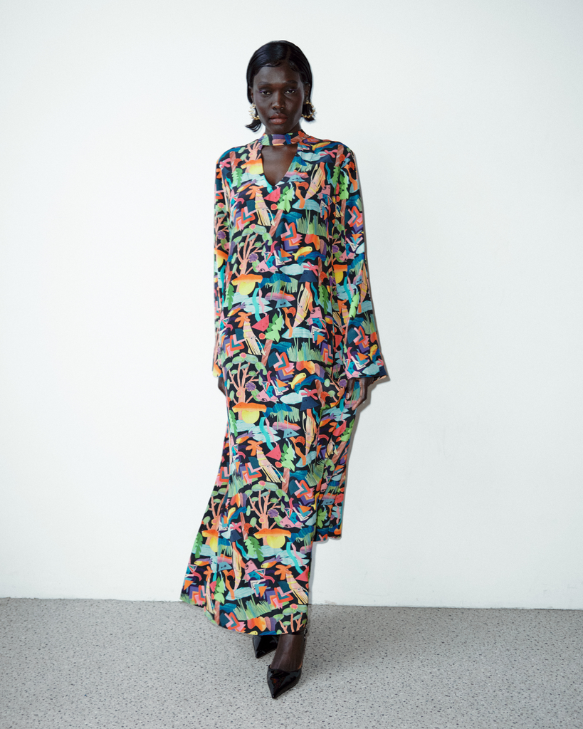 Model wears Fairfield Silk Maxi Anthology Dress