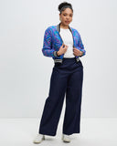 Model wears Fariba Aviator Silk Jacket