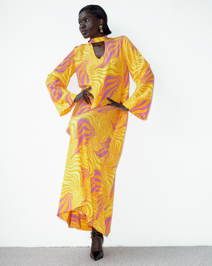 Model wears Gawaa Silk Maxi Anthology Dress