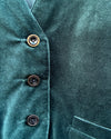 Close-up of a teal velvet jacket with buttons