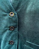 Close-up of a teal velvet jacket with buttons