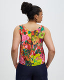 Model wears Community Print Granville Heroes silk Shell Top