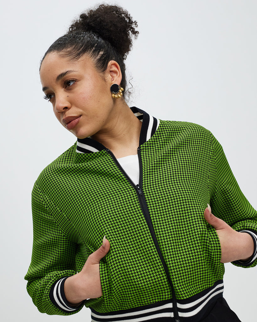 Model wears Lime Green Houndstooth Aviator Jacket