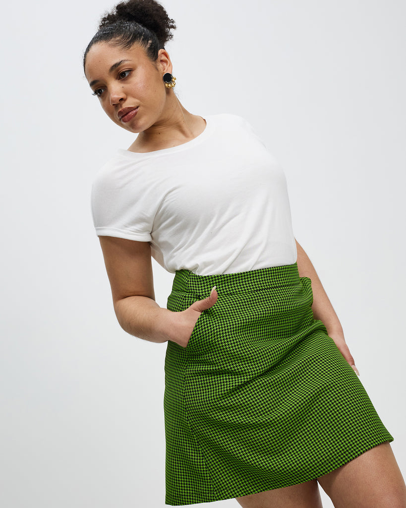 Model wears Lime Green Houndstooth Mini Skirt