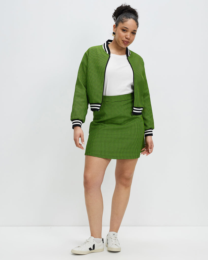 Model wears Lime Green Houndstooth Mini Skirt