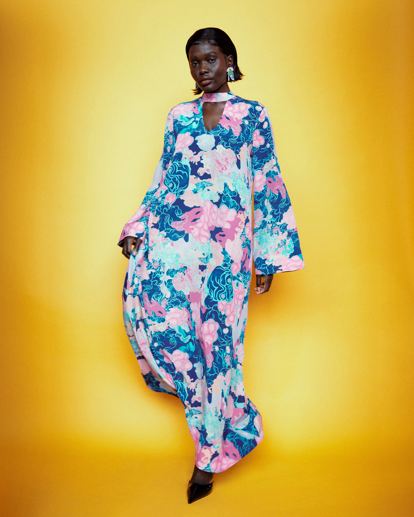 Model wears Louise Zhang Silk Maxi Anthology Dress