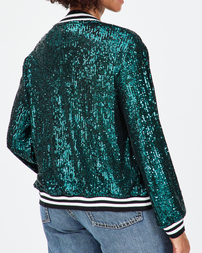 Model wears Disco Aviator Jacket Marine Teal