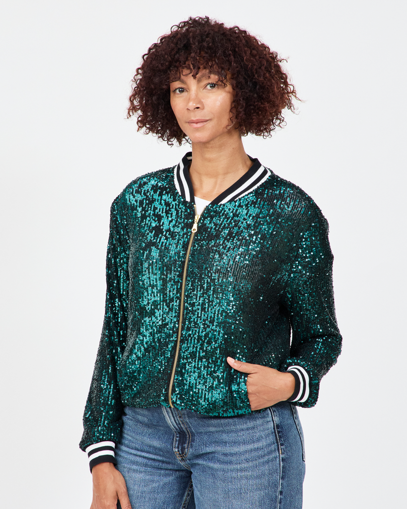 Model wears Disco Aviator Jacket Marine Teal