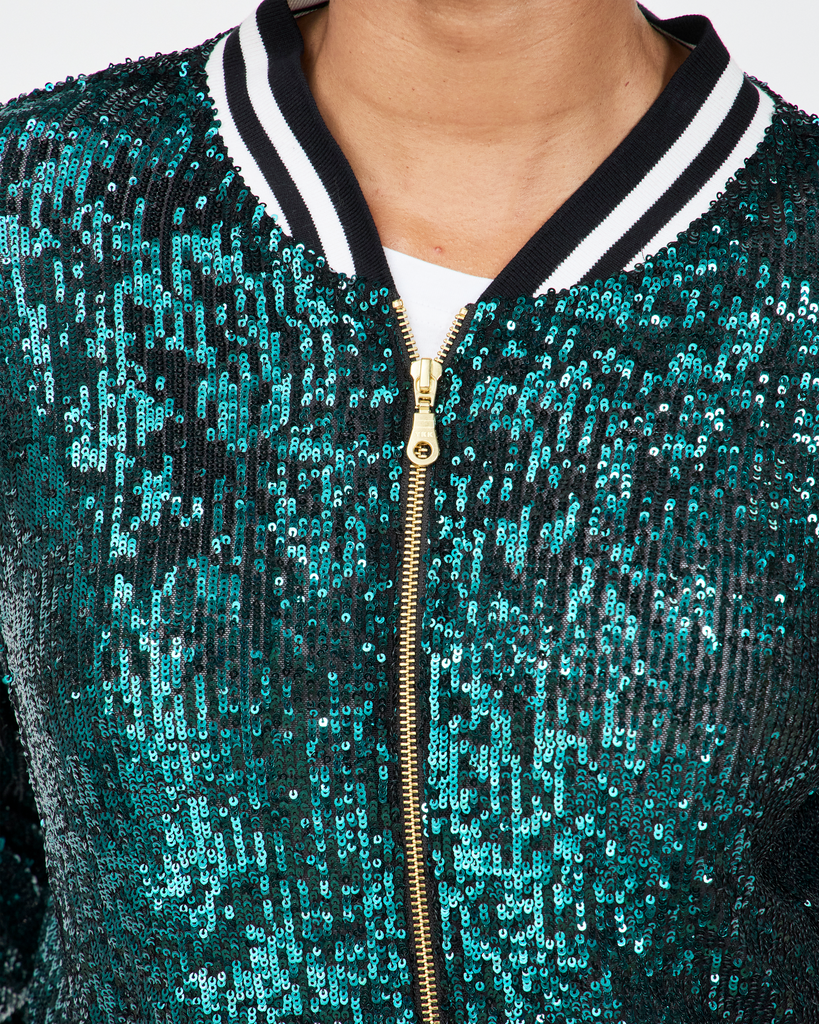 Model wears Disco Aviator Jacket Marine Teal