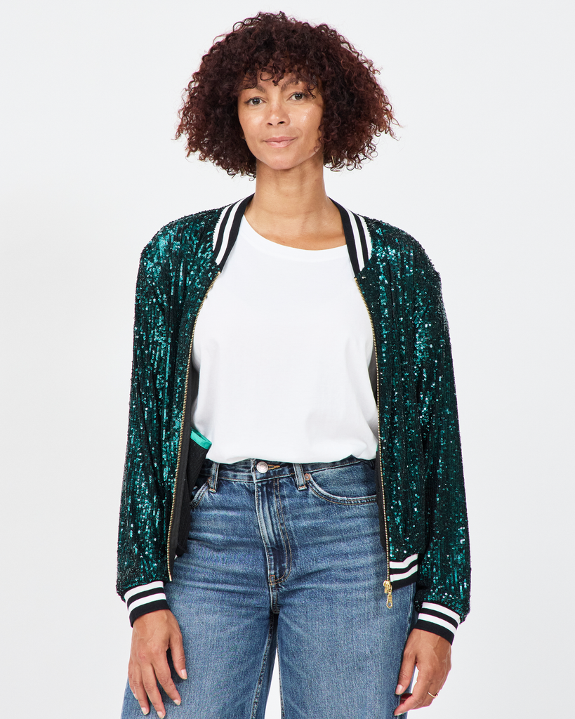 Model wears Disco Aviator Jacket Marine Teal