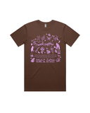 Brown based tshirt with pink 'music happens' printed graphics