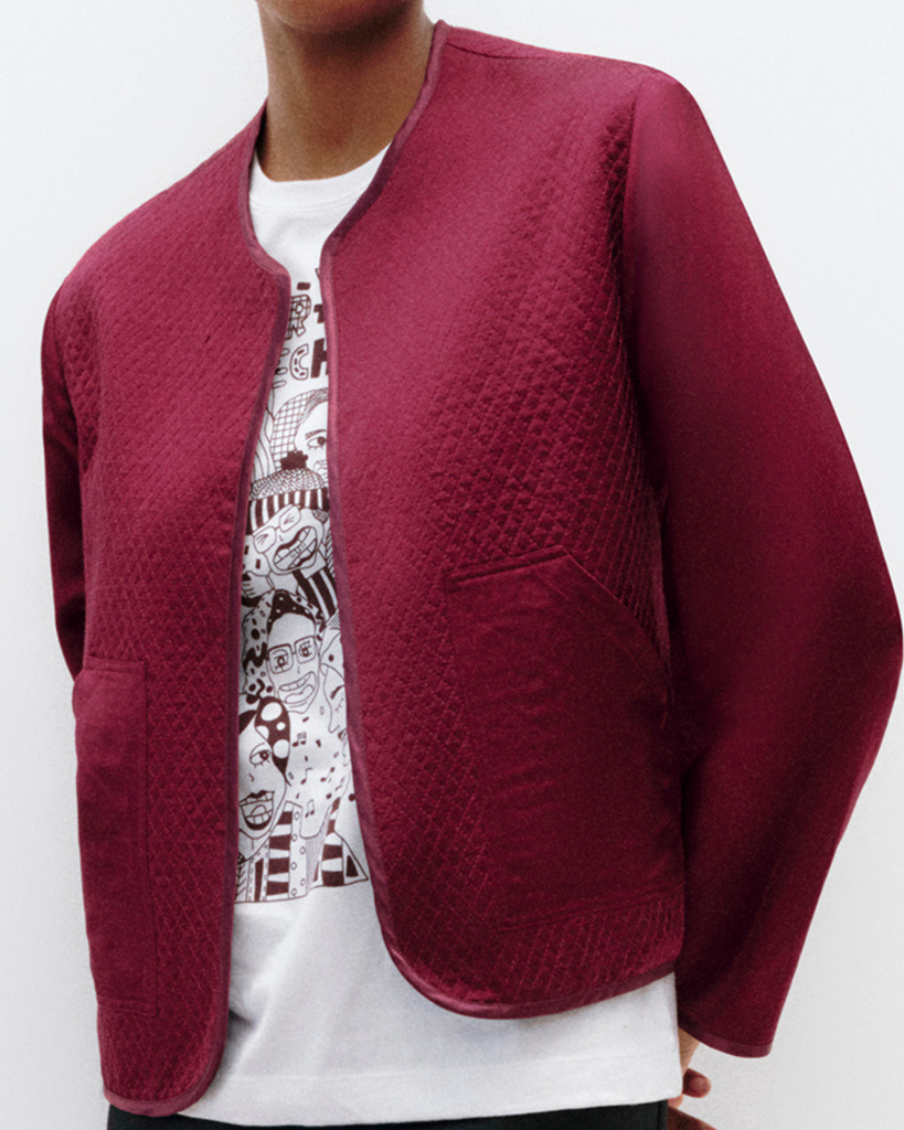 Model wears Quilted Liner Silk Jacket in Cherry Red