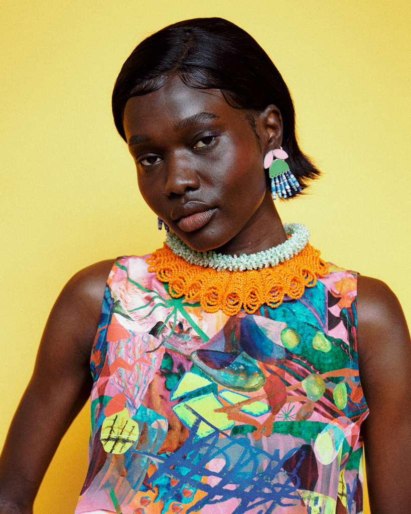 Model-wears-Saffron-Orange-Billiano-Tiered-Necklace