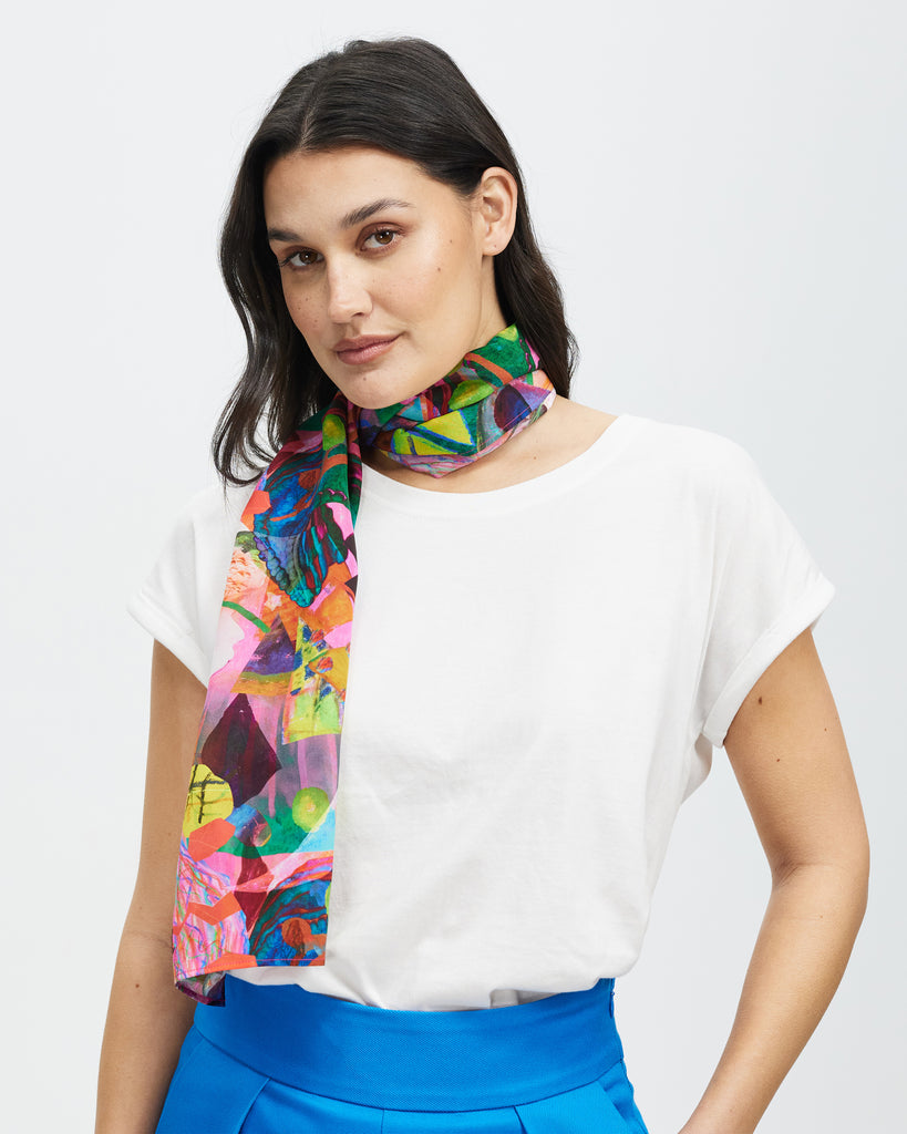 Model wears Rectangle Silk Scarf - Amplify