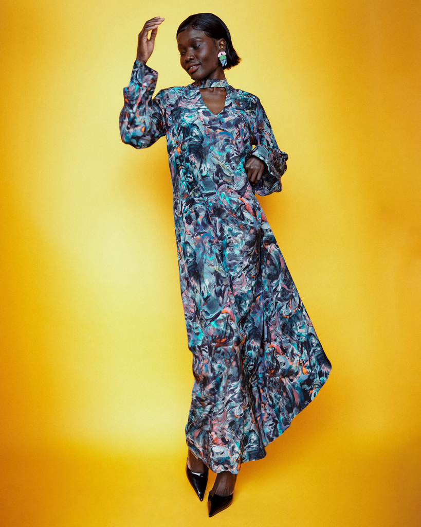 Model wears Smocking Mirrors Silk Maxi Anthology Dress