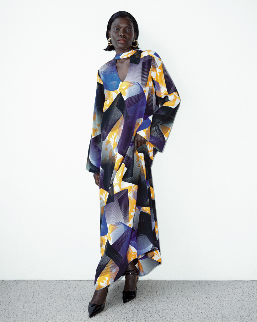 Model wears Topographic Bloom Silk Maxi Anthology Dress