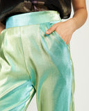 Model wears Aqua Sparkle Straight Leg Pants