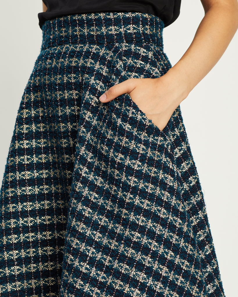 Model wears Corniche Tweed Flared Skirt