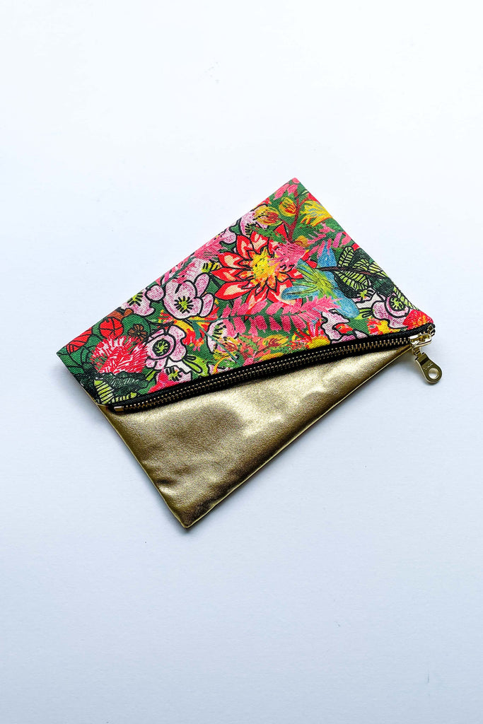 multi colour foldover purse with gold contrast fabric