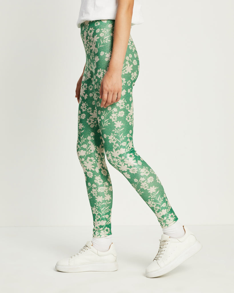 Model wears Secret Garden Green Shimmer Leggings
