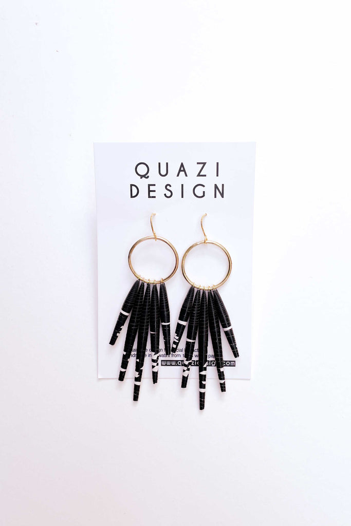 pair of black noir circle drop earrings by quazi design against white backdrop