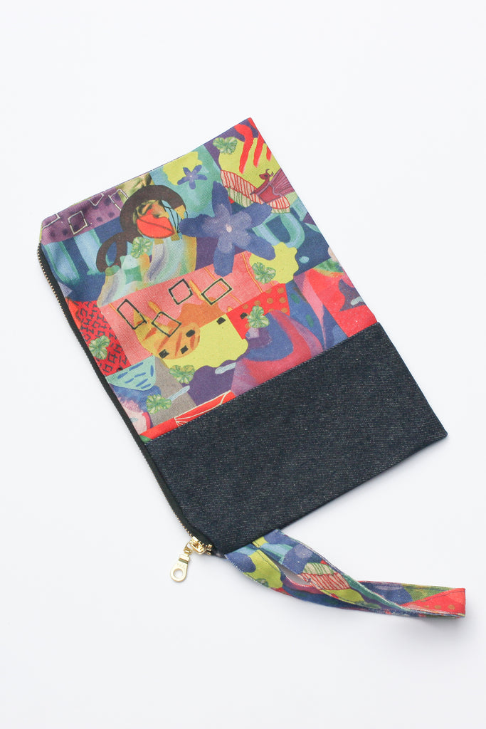 multi-coloured organic cotton canvas clutch spliced with remnant denim and strap