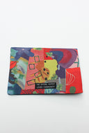 multi-coloured organic cotton canvas purse spliced with remnant denim and strap