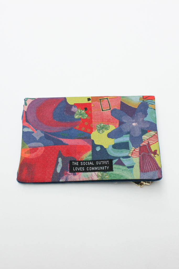multi-coloured organic cotton canvas purse spliced with remnant velvet and strap