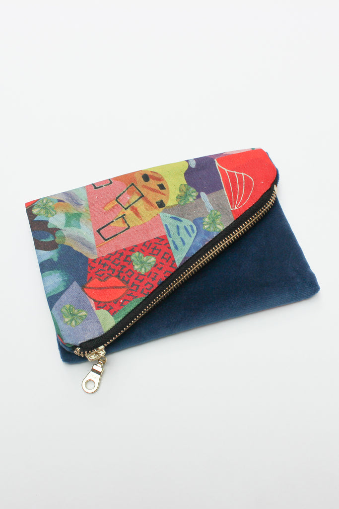 multi-coloured organic cotton canvas purse spliced with remnant velvet and strap