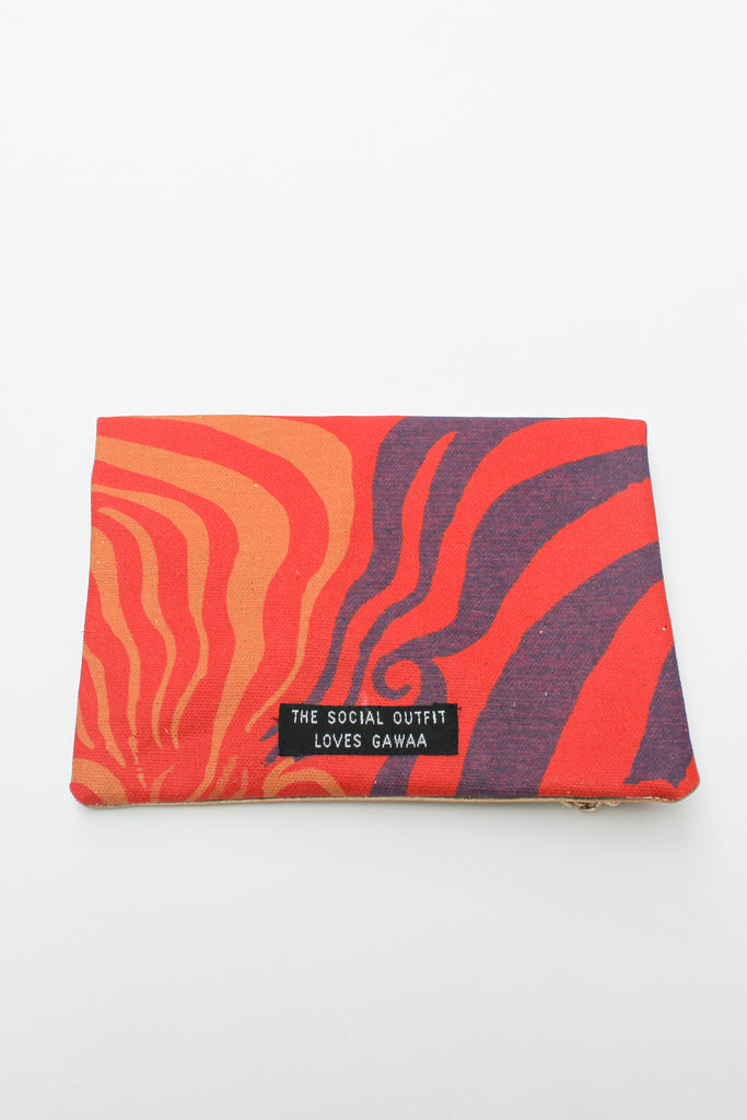 orange and purple printed organic canvas purse spliced with remnant gold fabric 